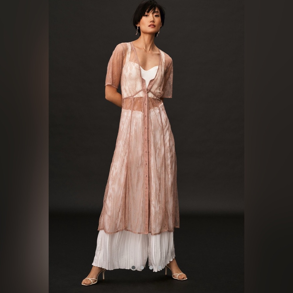 Anthropologie Lace DRESS in Rose Pink Button Maxi SMALL NWT